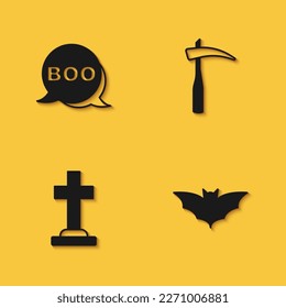 Coloca la burbuja del habla de Boo, murciélago volador, lápida con cruz y icono de Scythe con sombra larga. Vector