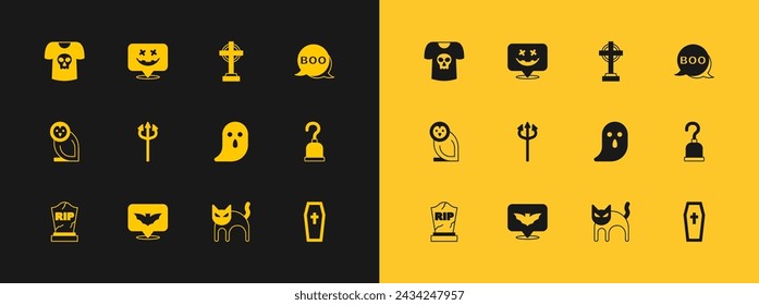 Set Boo speech bubble, Flying bat, Ghost, Black cat, Trident devil, Tombstone with cross, Shirt skull and Happy Halloween holiday icon. Vector