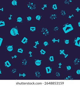 Set Boo speech bubble, Flying bat, Voodoo doll and Tombstone with cross on seamless pattern. Vector