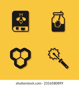 Set Book about bee, Cutter roll for honey, Honeycomb and Jar of and dipper stick icon with long shadow. Vector