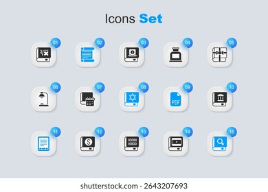 Set Book about cinema, Daily paper notepad, Decree, parchment, scroll, E-Book reader, women, Law book, with mathematics and Jewish torah icon. Vector