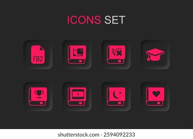 Set Book about cinema, geometry, FB2 File, Holy book of Koran, Graduation cap, Romance, with mathematics and  icon. Vector