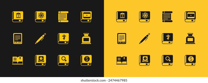 Set Libro sobre cine, Manual de usuario, Libro de la Sagrada Biblia, mujeres, Pluma, Decreto, pergamino, pergamino, Icono de ley y física. Vector