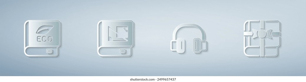 Set Book about ecology, geometry, Headphones and as gift. Paper art style. Vector