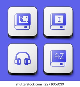 Set Book about geometry  Headphones   Translator book icon  White square button  Vector
