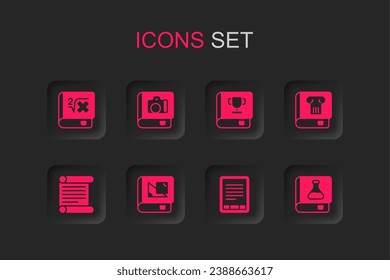 Set Book about geometry, Photo album gallery, with mathematics, E-Book reader, History book, Chemistry,  and Decree, parchment, scroll icon. Vector