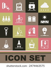 Set Book about grapes, Wine time, Drought, Fermentation of, italian fiasco bottle, Bottle wine, tasting, degustation and Wooden barrel for icon. Vector