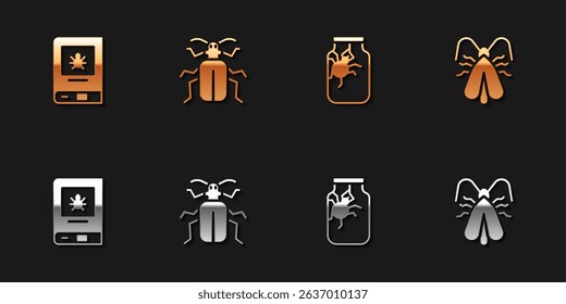 Set Book about insect, Chafer beetle, Spider jar and Clothes moth icon. Vector