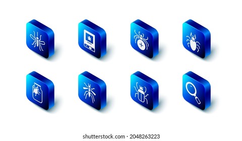 Set Book about insect, Spider, Beetle deer, Magnifying glass, Stink bug, Mosquito, jar and  icon. Vector