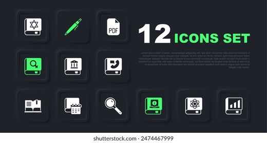 Set Book about physics, Financial book, Law, User manual, women, Daily paper notepad, Pen and Magnifying glass icon. Vector