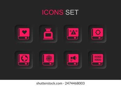 Set Book about physics, Inkwell, Romance book, User manual, Books programming, Ancient magic and Earth globe and icon. Vector