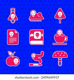 Set Book about poisons, Cigarette, Fly agaric mushroom, Coffee cup with skull, Poison apple, Radiation warning document, Bones and and Bottle potion icon. Vector