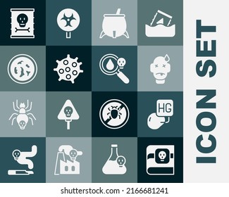 Set Book about poisons, Drop of mercury, Man poisoning, Witch cauldron, Bacteria, Petri dish with bacteria, Radioactive waste barrel and Poison magnifying glass icon. Vector