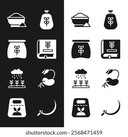 Set Book about seeds, Bag of flour, Flour bowl, Plant sprouts grow in the rain, Sprout, Sickle and Pack full plant icon. Vector