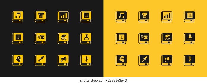 Set Book, about weapon, ecology, with mathematics, Financial book, Audio and History icon. Vector