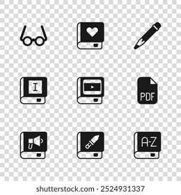 Conjunto Libro sobre el arma, documento de archivo PDF, libro del traductor, cine, lápiz con borrador, gafas, romance e icono. Vector