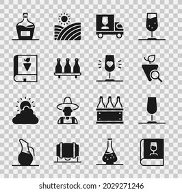 Set Book about wine, Wine glass, Grapes, truck, Bottle of, grapes, Old bottle and  icon. Vector