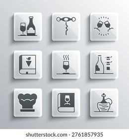 Set Book about wine, Wine italian fiasco bottle, Bottle of, tasting, degustation, Chef hat, grapes, with glass and  icon. Vector