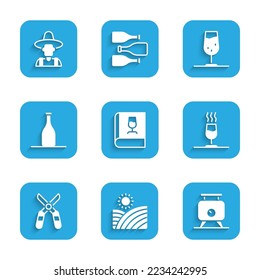 Libro sobre vino, uvas de viñas, fermentación de, degustación de vino, degustation, tijeras de jardinería, botellas, vidrio y granjero el icono del sombrero. Vector