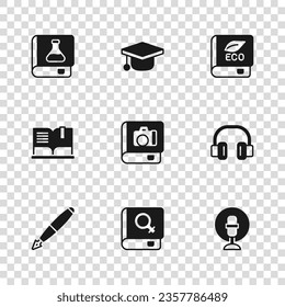 Set Book about women, Headphones, Microphone, Photo album gallery, ecology, Chemistry book, Graduation cap and Open icon. Vector