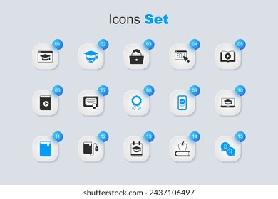 Set Book with apple, Certificate template, Graduation cap on globe, Question and Answer, laptop, Online education and diploma icon. Vector