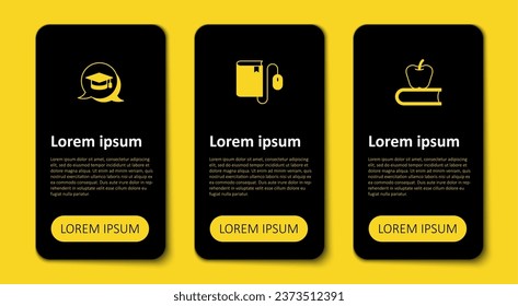 Set Book with apple, Electronic book mouse and Graduation cap in speech bubble. Business infographic template. Vector
