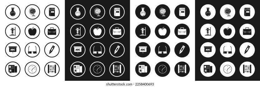 Set Book, Apple, Glass test tube flask on fire, Test and chemical laboratory, Briefcase, Earth globe, Marker pen and Chalkboard icon. Vector