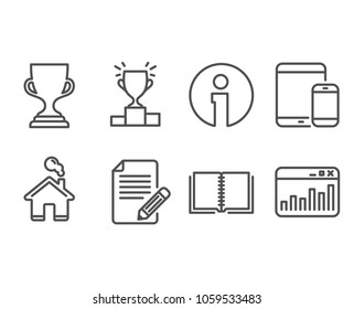 Set of Book, Article and Award cup icons. Mobile devices, Winner podium and Marketing statistics signs. E-learning course, Feedback, Trophy. Smartphone with tablet, Competition results, Web analytics