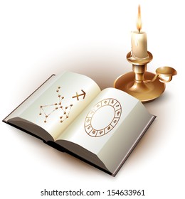 Set of a book with astrological symbols and a candle. Isolated on white background. Vector illustration