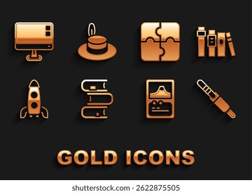 Set Book, Audio jack, Card game, Rocket ship, Piece of puzzle, Computer monitor screen and Man hat icon. Vector