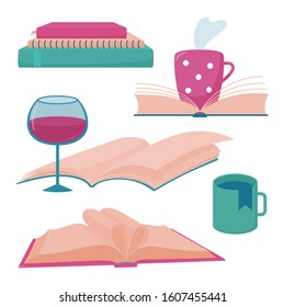 Set of book blog, reading club, bookstore logo templates with books, glass of wine, cup of hot tea or coffee, cute flat style vector illustration on white background. Collection of book logo templates