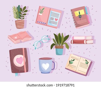 set book, libros de texto botánicos leer café taza y plantas icono ilustración vectorial estilo dibujado a mano