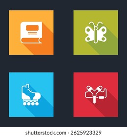 Set Book, Butterfly, Roller skate y Slingshot icono. Vector