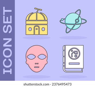 Set Book by astronomy, Astronomical observatory, Alien and Satellites orbiting the planet Earth icon. Vector