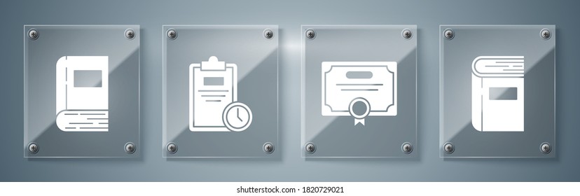 Set Book, Certificate template, Exam sheet with clock and Book. Square glass panels. Vector