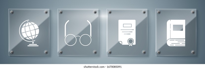 Set Book, Certificate template, Glasses and Earth globe. Square glass panels. Vector