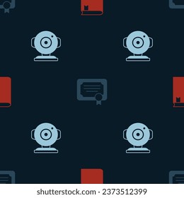 Set Book, Certificate template and Web camera on seamless pattern. Vector