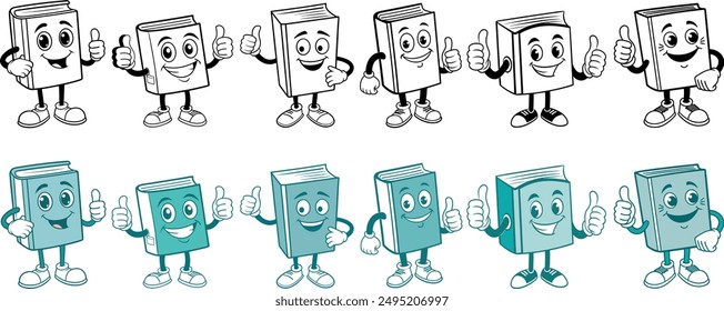 Set of book characters in various poses, some in black and white and others in teal. Great for educational materials, stickers, and web icons. Clean and friendly design with bold outlines