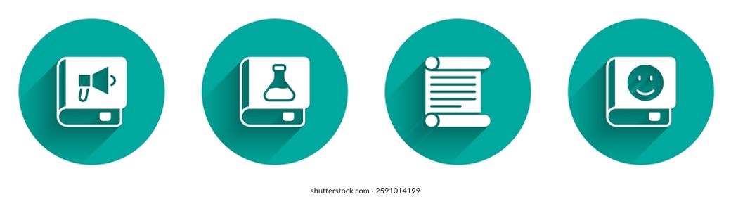 Set Book, Chemistry book, Decree, parchment, scroll and  icon with long shadow. Vector