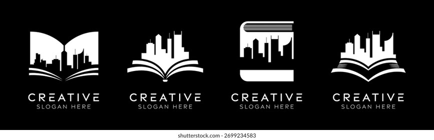 Conjunto de Plantillas de diseño de logotipo de la ciudad del libro. Libro aislado moderno con diseño de ciudad para librerías, Bibliotecas y educación.