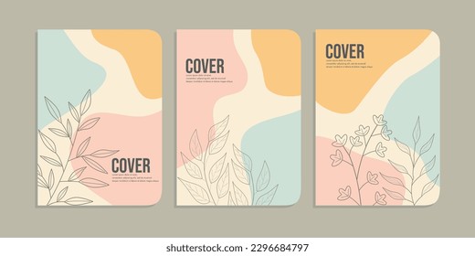 set of book cover design with simple hand drawn floral decorations. abstract retro botanical background.size A4 For notebook, cover, book, planner, school, brochure, book, catalog