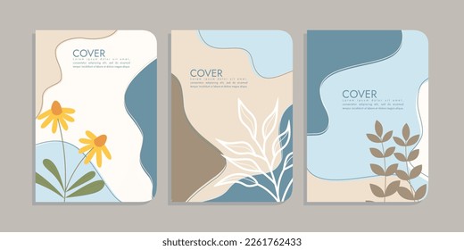 set of book cover designs with hand drawn floral decoration. abstract retro botanical background A4 size For book, binder, diary, planner, brochure, notebook, catalog