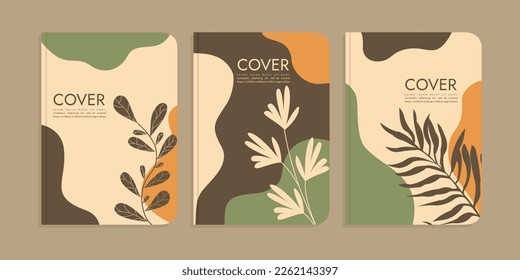 set of book cover designs with hand drawn floral decorations. abstract boho botanical background A4 size For book, binder, diary, planner, brochure, notebook, catalog