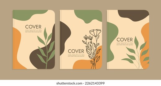 set of book cover designs with hand drawn floral decorations. abstract boho botanical background A4 size For book, binder, diary, planner, brochure, notebook, catalog