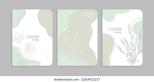 set of book cover designs with hand drawn floral decorations. abstract boho botanical background A4 size pastel blue color For book, binder, diary, planner, brochure, notebook, catalog