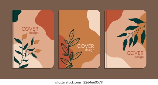 set of book cover designs with hand drawn floral decorations. abstract boho botanical background brown pastel color A4 size For book, binder, diary, planner, brochure, notebook, catalog