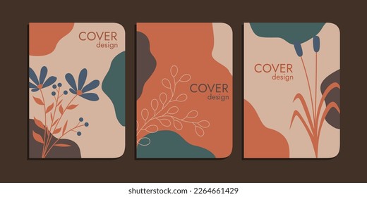 set of book cover designs with hand drawn foliage decorations. brown pastel color abstract aesthetic background. A4 size For books, binders, diaries, planners, brochures, notebooks, catalogs