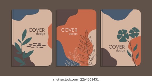 set of book cover designs with hand drawn foliage decorations. brown pastel color abstract aesthetic background. A4 size For books, binders, diaries, planners, brochures, notebooks, catalogs