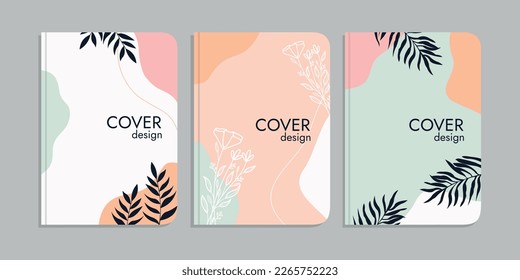 set of book cover designs with hand drawn floral decorations. beautiful botanical abstract background .size A4 For notebook, planner, brochure, book, catalog