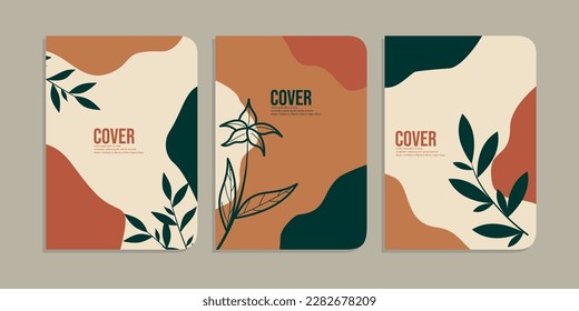 set of book cover designs with hand drawn foliage decorations. abstract retro botanical background. size A4 For notebooks, diaries, planners, brochures, books, catalogs